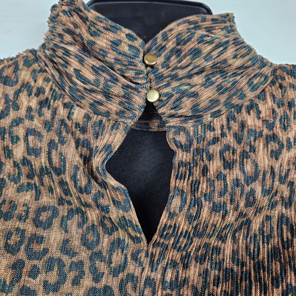 Bailey 44 Leopard Print Metallic Plisse Mock Neck Smocked Top Brown Med‎ Chic - Picture 4 of 8